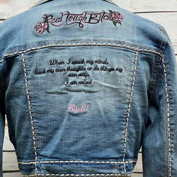 RTB Real Tough B itch Denim Jacket LARGE Biker Babe Blue Jean Embroidered Bling - Picture 1 of 12